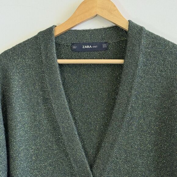 Zara Womens‎ Medium Forest Green Metallic Cardigan Grandpa Core Cabin Sweater - Picture 3 of 7